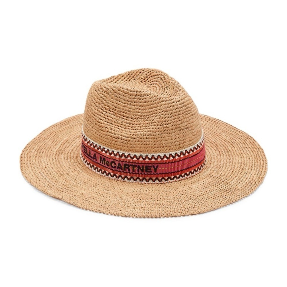 STELLA MCCARTNEY LOGO RAFFIA PANAMA TAN STRAW HAT RED STITCHED BAND SIZE: 56